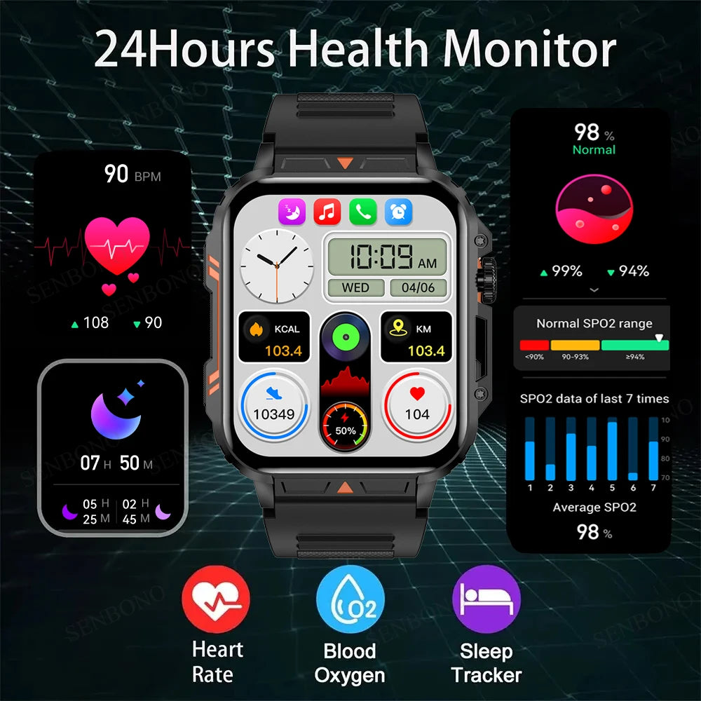 Military Smart Watch for Women and Men with Bluetooth Call 24/7 Heart Rate Monitor IP68 Waterproof and 100 Plus Sport Modes