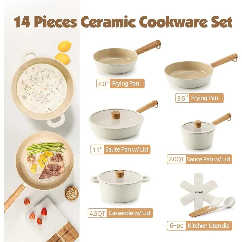 Ceramic Nonstick Pots and Pans Set 14pcs