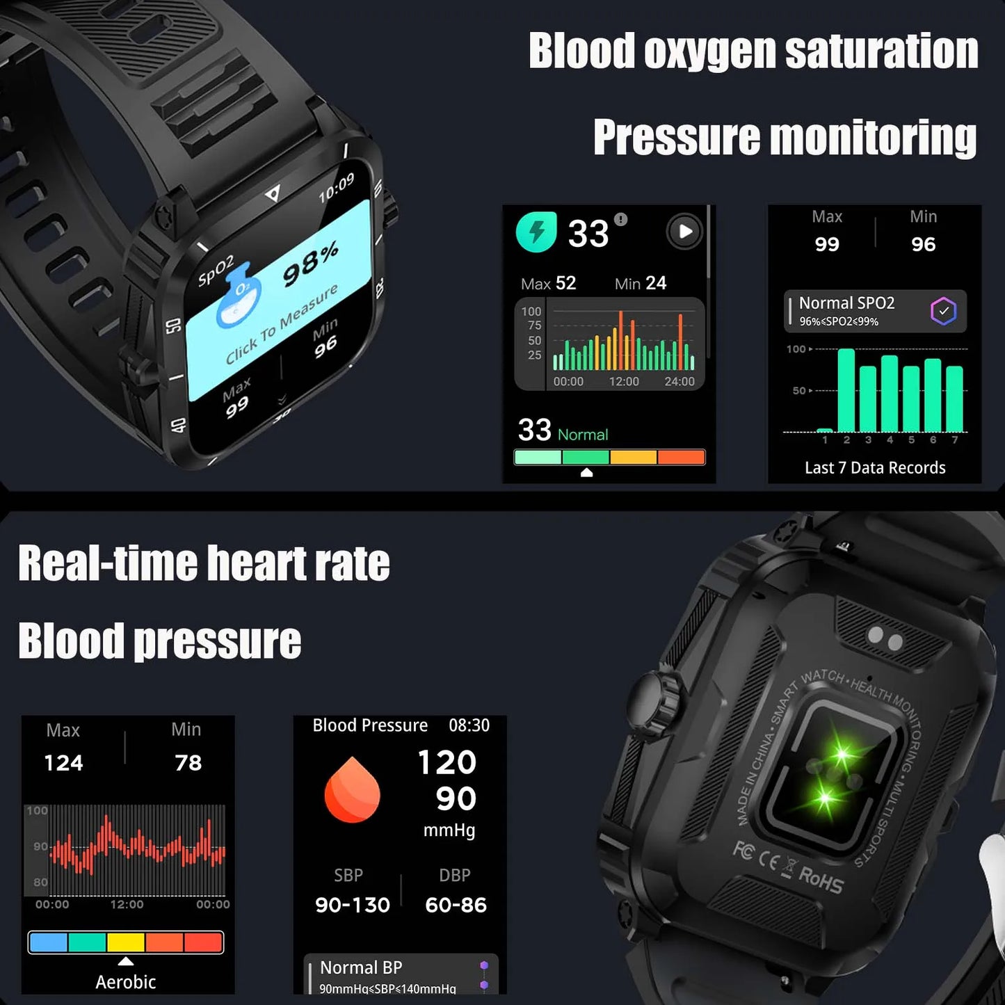 Smart Watch 3ATM Waterproof Heart Rate Blood Pressure